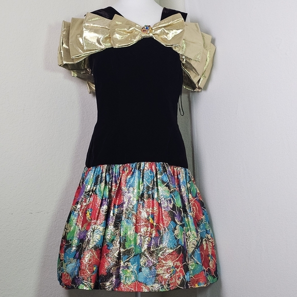 Morton Myles Dresses & Skirts - Vintage Morton Myles Saks Velvet Gold Bow Metallic Floral Cocktail Dress Sz S